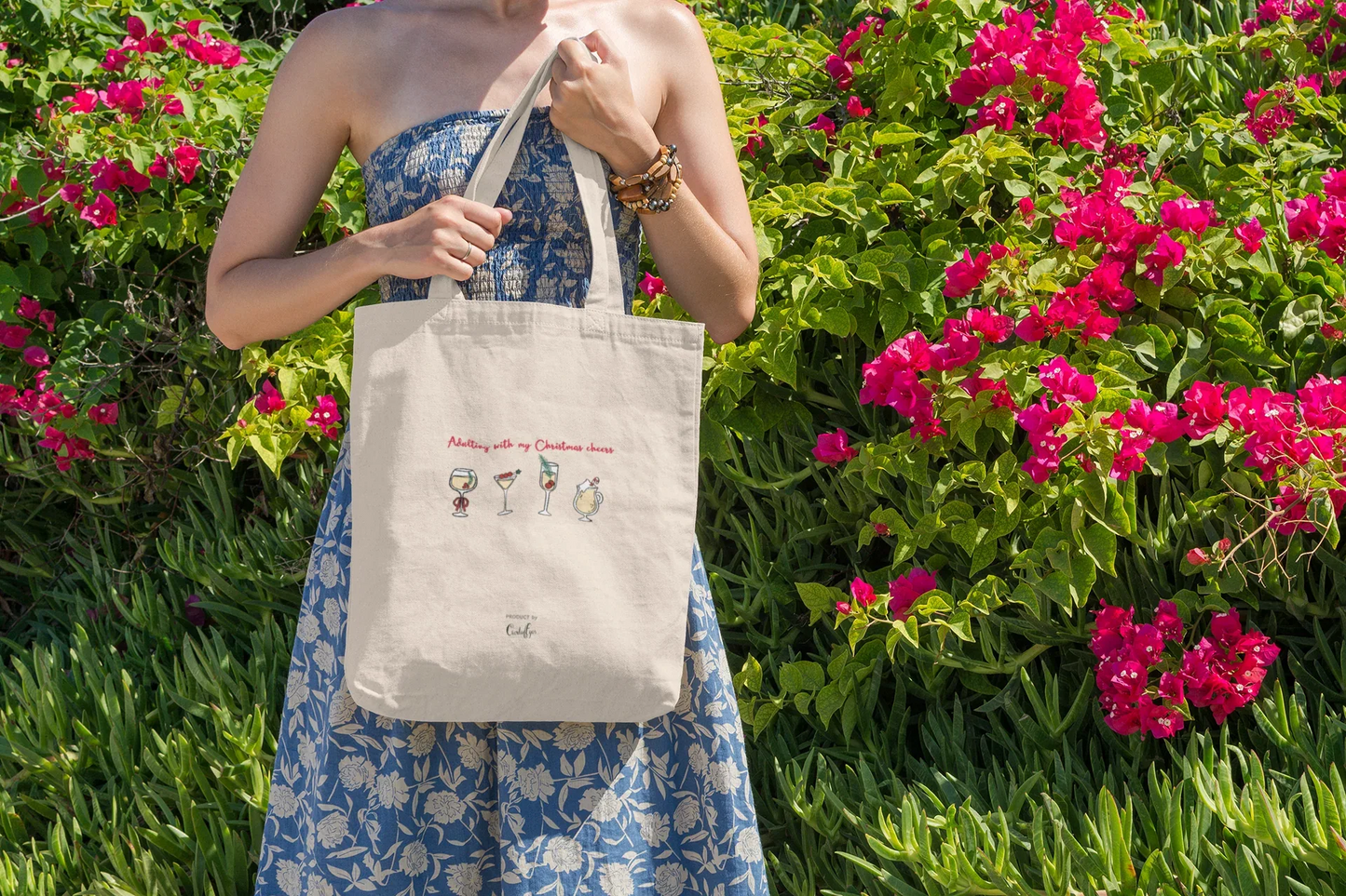 Adulting with Christmas Cheers Christmas Tote Bag: (Cotton Canvas) - curledeyes
