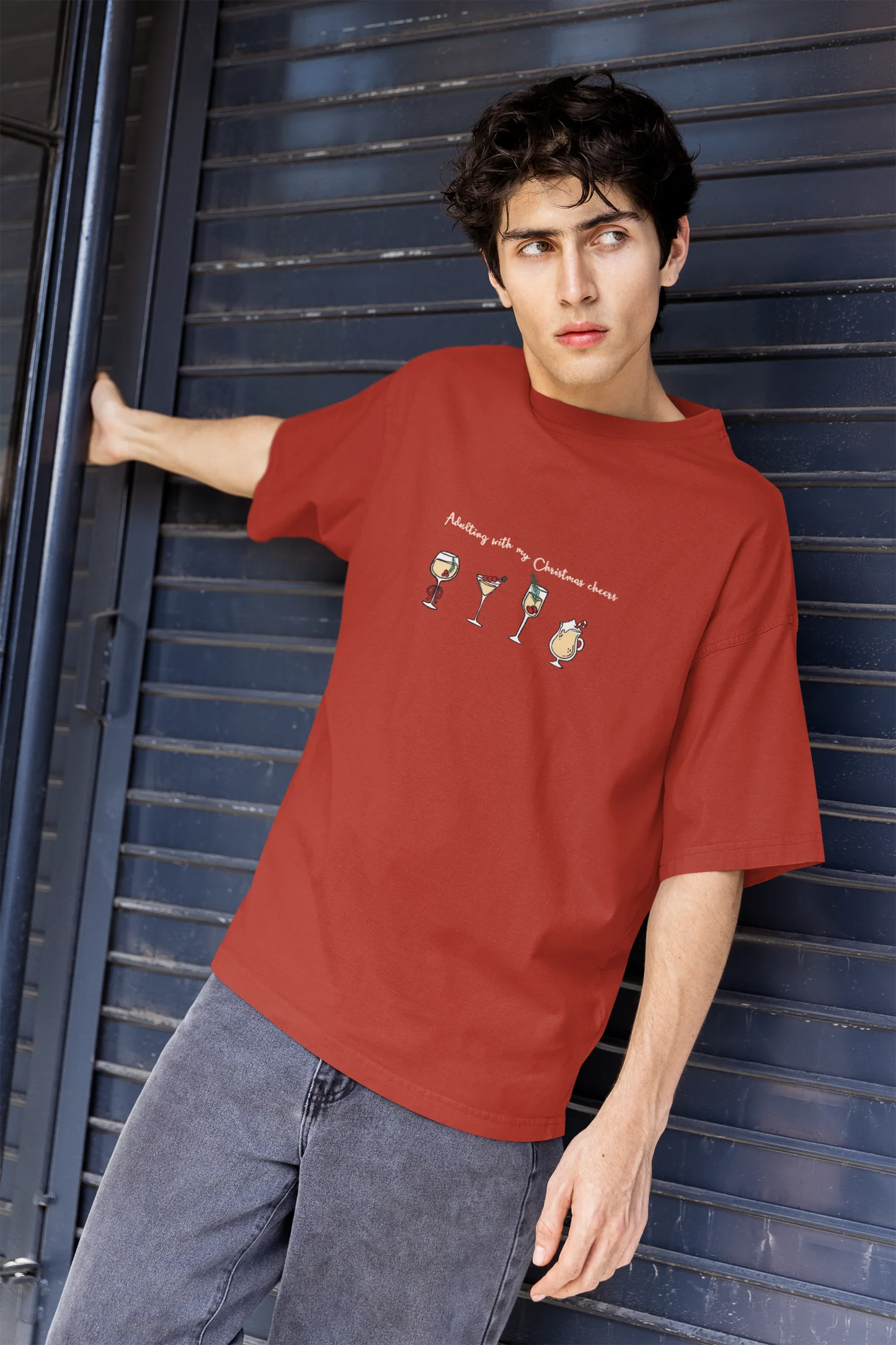 Adulting With Christmas Cheers Oversized luxe Christmas Tee (Unisex, Cotton) - curledeyes